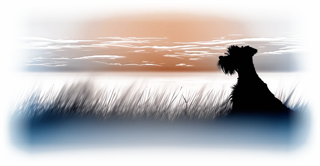 Silhouette of a Schnauzer sitting among reeds at sunset